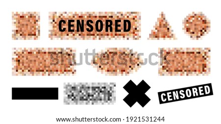 Censorship elements set, censored bar and pixel censor mosaics signs set, censure pixelation effect and blur, templates for photo, app, tv and visual materials censoring. Sensitive adult content cover