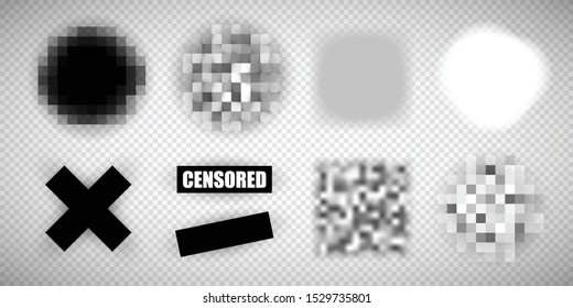 Censorship elements of various types, censored bar and pixel censor mosaics signs set, censure pixelation effect and blur, templates for visual materials censoring