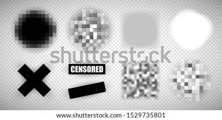 Censorship elements of various types, censored bar and pixel censor mosaics signs set, censure pixelation effect and blur, templates for visual materials censoring