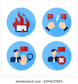 Censorship flat icons set.Book burn, controversial, cancel culture, chilling effect. Society concept. Isolated vector illustrations