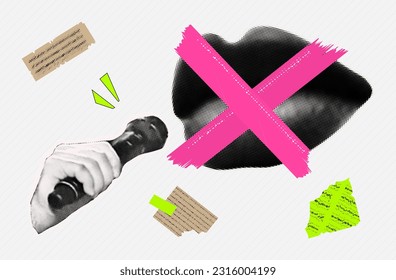 Censorship, halftone collage. Women's lips are sealed with tape, with a microphone in hand. No signal, discrimination, dictatorship. Contemporary art, freedom of speech prohibition, silence. Vector. 