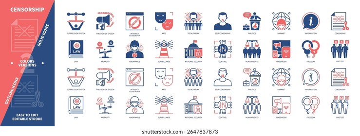 Censorship icon set. Totalitarian, Control, Suppression System, Darknet, Information, Surveillance, Human Rights, Mass Media. Duotone color solid and editable outline icons
