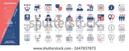 Censorship icon set. Totalitarian, Control, Suppression System, Darknet, Information, Surveillance, Human Rights, Mass Media. Duotone color solid and editable outline icons