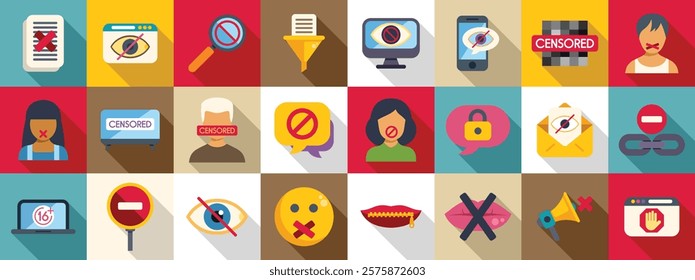 Censorship icons set. Colorful censorship icons representing various forms of information control, suppression, and freedom of speech limitations