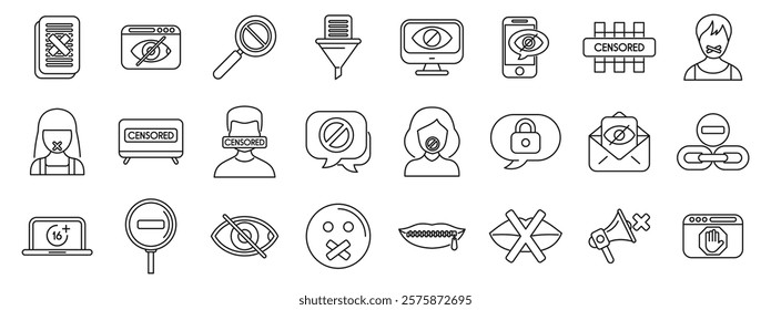 Censorship icons set. Censorship icons representing various methods of silencing, content filtering, and information control