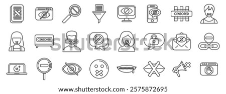 Censorship icons set. Censorship icons representing various methods of silencing, content filtering, and information control