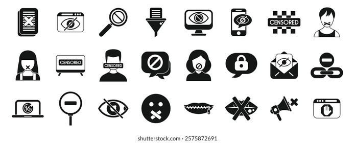 Censorship icons set. Various icons represent censorship, restricted access, information control, and limitations on freedom of speech