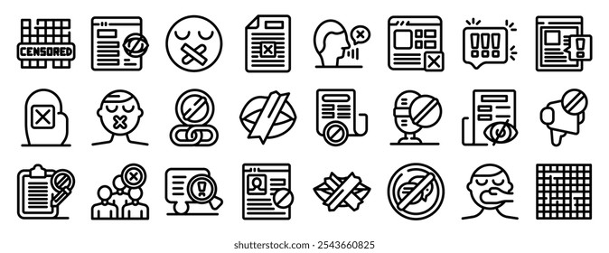 Censorship icons set. Various icons representing censorship, including restricted speech, blocked information, and suppression of dissent