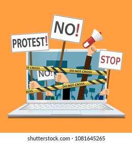 Censorship of the Internet and media. People hold banners and posters in their hands. Pickets and demonstrations. Stock vector illustration.