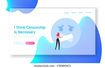 Censorship Landing Page Template. Female Character Fighting for Global Speech or Information Freedom. Woman Take Off Adhesive Sticky Tape from Human Face with Closed Mouth. Cartoon Vector Illustration