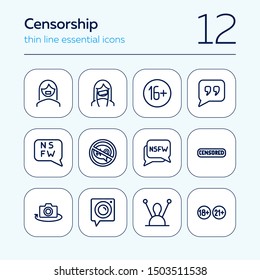 Censorship line icon set. Set of line icons on white background. TV requirement concept. Camera, antenna, stamp. Vector illustration can be used for topics like cinema, TV, radio, social media