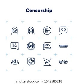 Censorship line icon set. Set of line icons on white background. TV requirement concept. Camera, antenna, stamp. Vector illustration can be used for topics like cinema, TV, radio, social media