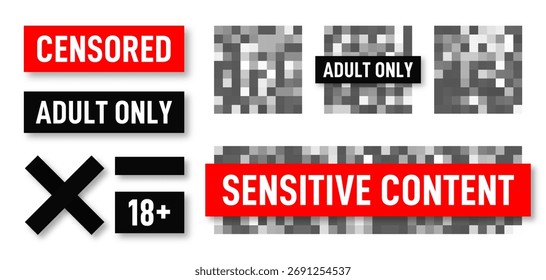 Zensur verpixelt Wirkung. Effekt "Unscharfe Pixel" für erwachsene und sensible Inhalte. Mosaik-Zensurzeichen mit unscharfen Pixeln. Sammlung von Zensurbars für Nacktheit und Inhalte für Erwachsene. Vektorgrafik