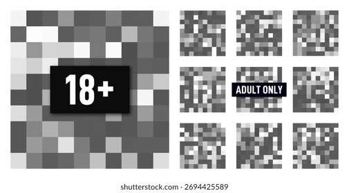 Efecto pixelado de censura. Efecto de píxeles borrosos para contenido adulto y sensible. Signo de mosaico de censura con píxeles borrosos. Colección de barras de censura para desnudos y contenido para adultos. Vector
