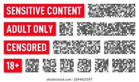 Zensur verpixelt Wirkung. Effekt "Unscharfe Pixel" für erwachsene und sensible Inhalte. Mosaik-Zensurzeichen mit unscharfen Pixeln. Sammlung von Zensurbars für Nacktheit und Inhalte für Erwachsene. Vektorgrafik