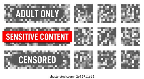 Zensur verpixelt Wirkung. Effekt "Unscharfe Pixel" für erwachsene und sensible Inhalte. Mosaik-Zensurzeichen mit unscharfen Pixeln. Sammlung von Zensurbars für Nacktheit und Inhalte für Erwachsene. Vektorgrafik