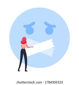 Censorship Social Abuse Concept. Female Character Fighting for Global Speech and Information Freedom. Woman Take Off Adhesive Sticky Tape from Human Face with Closed Mouth. Cartoon Vector Illustration
