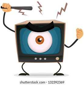 Censorship, Terror And Brainwash On TV/ Illustration of a cartoon angry retro tv character with big brother eye watching and holding nightstick to hit your brain