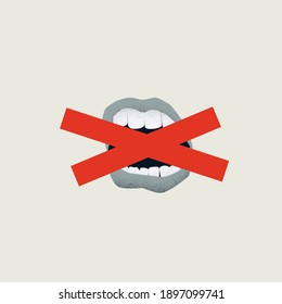 Censorship vector concept with mouth and tape over it. Vintage minimal design style symbol. Eps10 illustration.