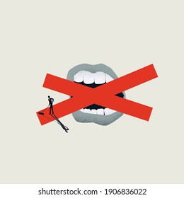 Censorship vector concept. Tape over mouth with man finishing it. Symbol of freedom of expression loss. Eps10 illustration.