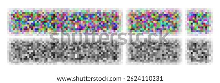Censure image bar, blurred pixel png mosaic. People face private content box, secret word screen mask. Black white random color square rectangle, explicit forbidden image cover. Abstract video element