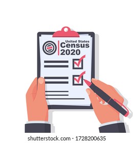 Census 2020. The process of collecting and analyzing population demographic data. A government worker makes a census. Clipboard in pen in hand. Vector illustration flat design. Folder with documents.