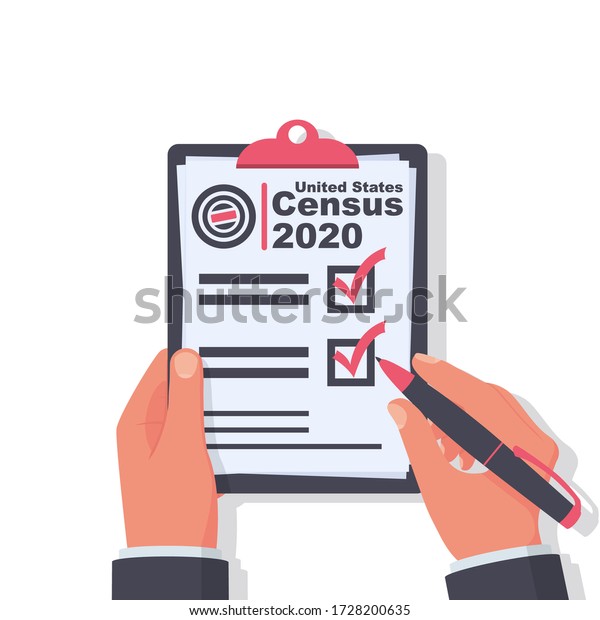 Census 2020. The process of collecting and\
analyzing population demographic data. A government worker makes a\
census. Clipboard in pen in hand. Vector illustration flat design.\
Folder with documents.
