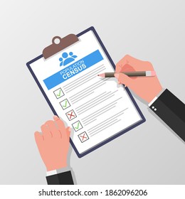 Census form with pencil vector illustration. Hand holding and fill check list on paper sheet clipboard vector illustration.