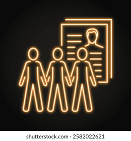 Census records neon line icon. Gathering info about population, people survey form. Vector illustration