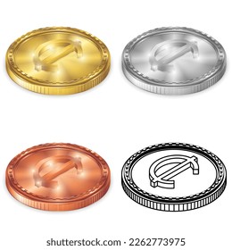 CENT 2.5D Isometrische Projektanzeige Währungszeichen Vectordesign-Symbol Vectordesign-Gold, Silber, Kupfer (Bronze) und Silhouette-Münze einzeln auf weißem Hintergrund