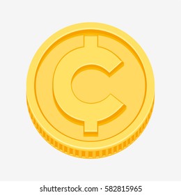 Cent, centavo symbol on gold coin, money sign vector illustration on white background