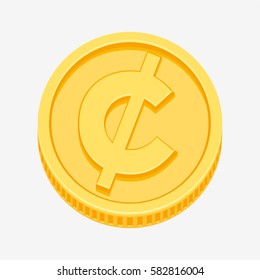 Cent, centavo from US dollar, the Canadian dollar, and the Mexican peso,symbol on gold coin, money sign vector illustration on white background