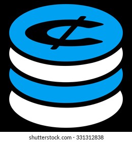 Cent Coins vector icon. Style is flat bicolor blue and white symbol, rounded angles, black background.