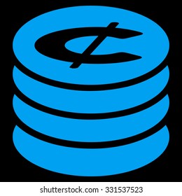 Cent Coins vector icon. Style is flat blue symbol, rounded angles, black background.