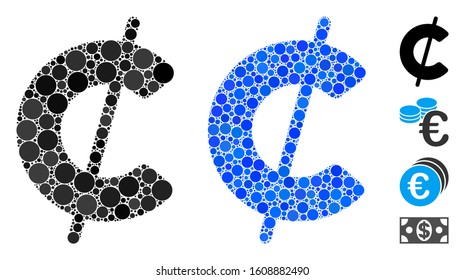 Cent composition of small circles in variable sizes and color tones, based on cent icon. Vector small circles are combined into blue composition. Dotted cent icon in usual and blue versions.