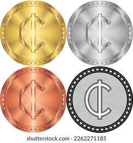 Cent Currency Sign Symbol Circular Round Coin Digital Cryptocurrency Gold, Silver, Copper, Black-White Silhouette Logo Icon Isolated on White Background