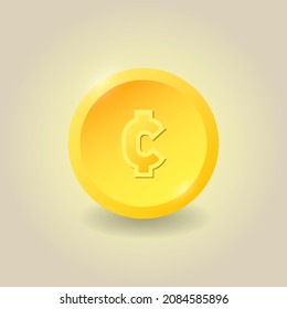 Cent, currency symbol. Gold coin. Money sign. Vector illustration.