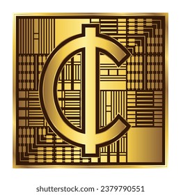 CENT, Ghanaian Cedi (GHS) - National Currency Sign-Symbol, Digital Circuit Board Microprocessor Golden Chip Computing Global Finance International Icon Logo Design Isolate On White Background