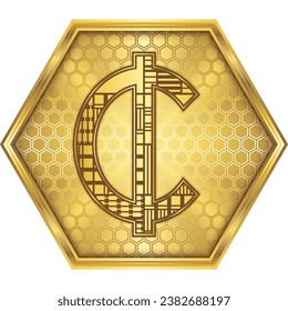 CENT, Ghanaian Cedi (GHS) National Currency Sign-Symbol Engineering Cybernetic Robotic Circuit Board Finance Icon Logo Button Design Golden Hexagon, White Background