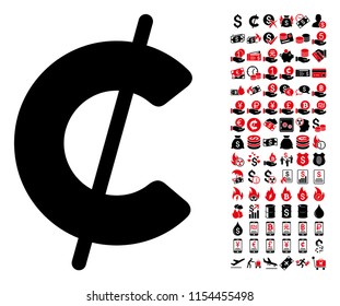 Cent icon. Vector illustration style is flat iconic symbols in black and red colors. Bonus contains 90 icons designed for business and commercial applications.