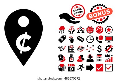 Cent Map Marker icon with bonus design elements. Vector illustration style is flat iconic bicolor symbols, intensive red and black colors, white background.