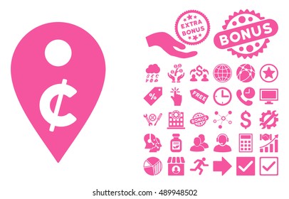 Cent Map Marker icon with bonus design elements. Vector illustration style is flat iconic symbols, pink color, white background.