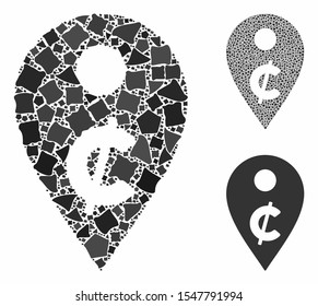 Cent map marker mosaic of inequal items in various sizes and color tinges, based on cent map marker icon. Vector inequal pieces are united into mosaic.