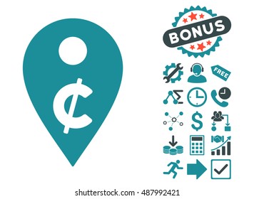 Cent Map Marker pictograph with bonus images. Vector illustration style is flat iconic bicolor symbols, soft blue colors, white background.