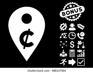 Cent Map Marker pictograph with bonus pictures. Vector illustration style is flat iconic symbols, white color, black background.