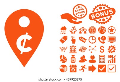 Cent Map Marker pictograph with bonus symbols. Vector illustration style is flat iconic symbols, orange color, white background.