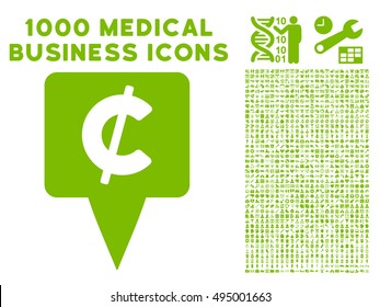 Cent Map Pointer icon with 1000 medical commerce eco green vector design elements. Design style is flat symbols, white background.