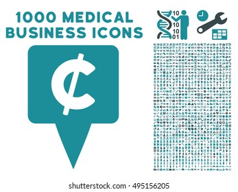 Cent Map Pointer icon with 1000 medical commerce soft blue vector pictographs. Collection style is flat bicolor symbols, white background.