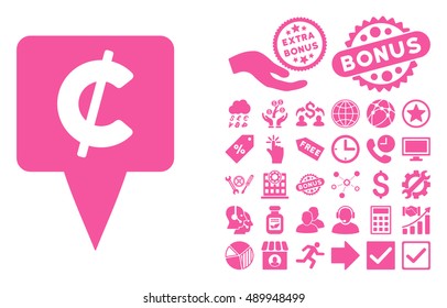 Cent Map Pointer icon with bonus pictogram. Vector illustration style is flat iconic symbols, pink color, white background.