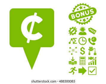 Cent Map Pointer pictograph with bonus pictogram. Vector illustration style is flat iconic symbols, eco green color, white background.